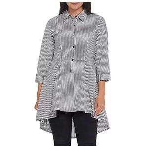 Joan Rivers Regular Length Striped Peplum Shirt Black & White Reg 14